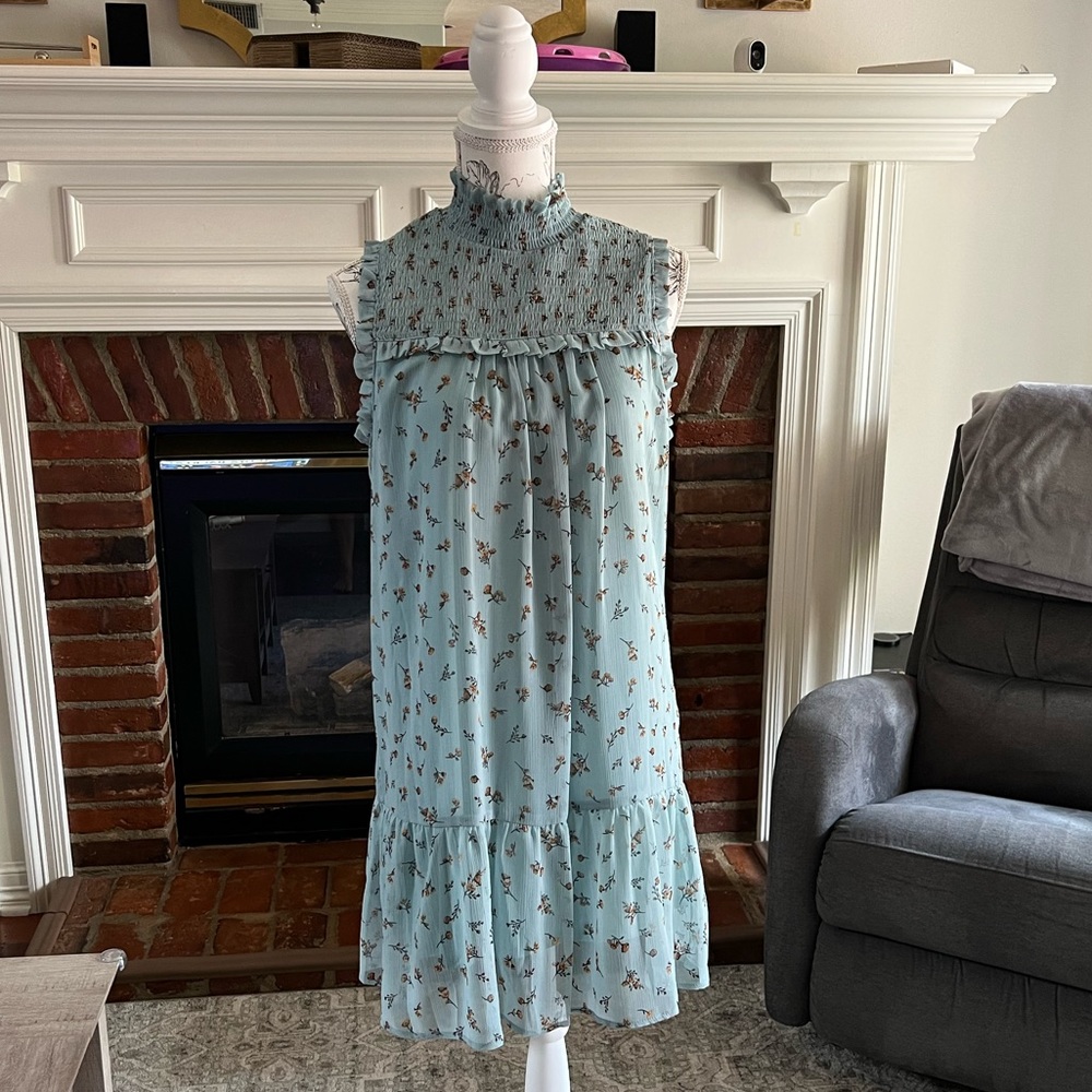 Set of 2 - Smocked Top Mock Neck Ruffle Floral Boho Dress Sz L - Picture 6 of 9